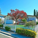 a front view of a house with a yard and potted plants