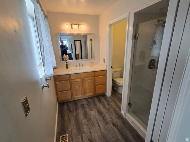 1263 Grayson Court Sandy, UT 84094 - Photo 10 of 26 Bathroom featuring wood-finish flooring, a light wood vanity with a white countertop, and a shower enclosure with a glass door