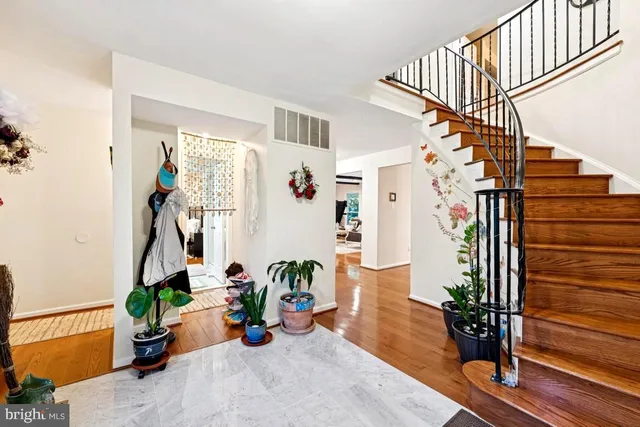 a view of staircase with wooden floor and a potted plant