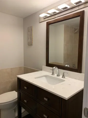 a bathroom with a sink vanity and a toilet