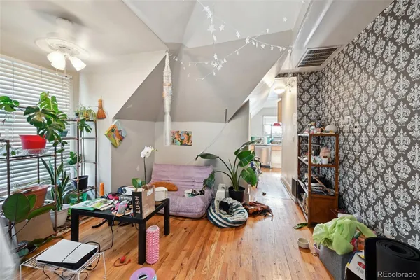 a room with furniture and a potted plant