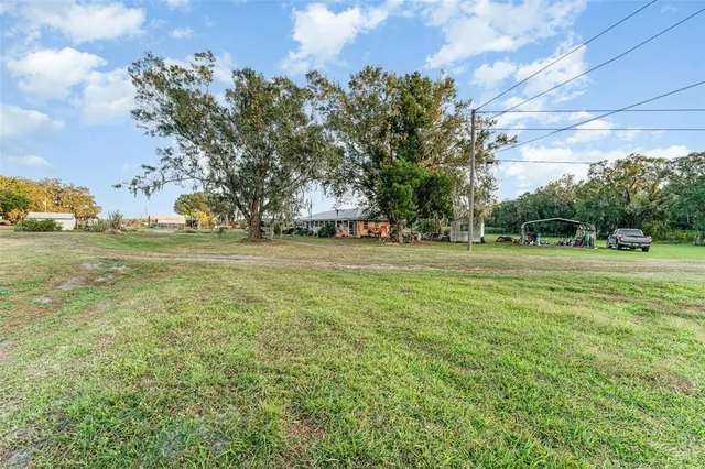 a view of a field with an trees