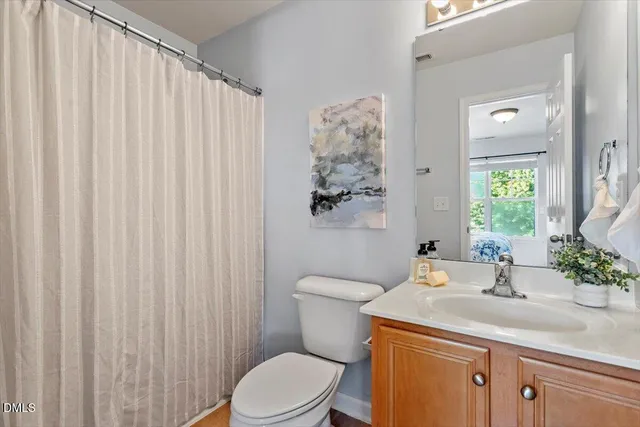 a bathroom with a sink a toilet and shower curtain