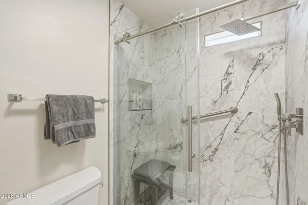 a bathroom with a shower and a toilet