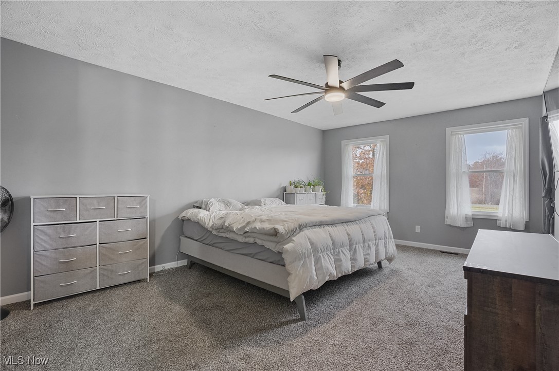 9278 Bryant Road Windham, OH 44288 - Photo 4 of 47 Bedroom featuring light carpet, a textured ceiling, and ceiling fan