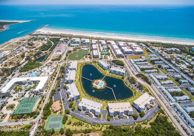 an aerial view of a swimming pool