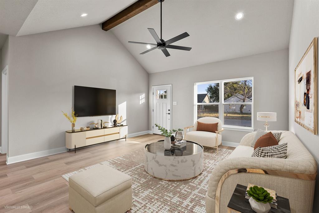 2913 Mildred Street Waco, TX 76706 - Photo 8 of 33 Living area featuring light wood-type flooring, high vaulted ceiling, beamed ceiling, recessed lighting, and ceiling fan