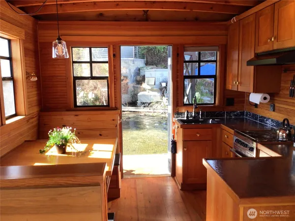 a view of a street with sitting area