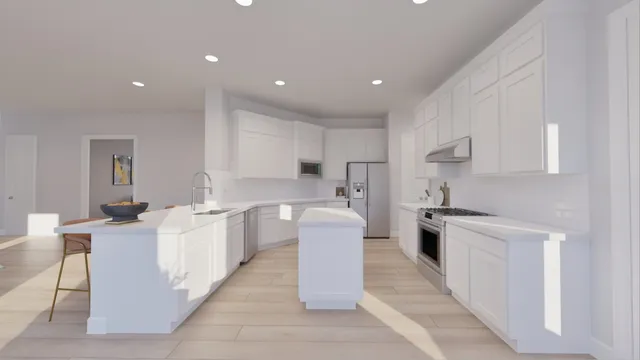 a kitchen with a dining table chairs and white cabinets