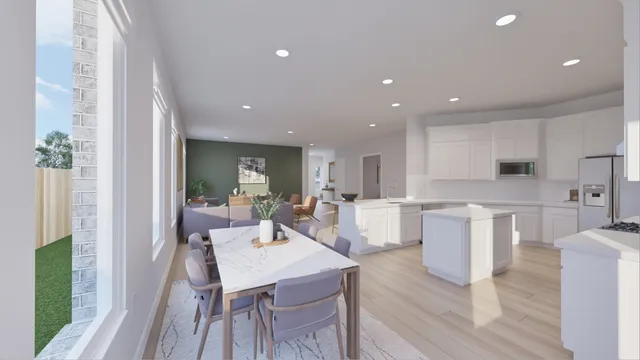 a living room with furniture a large window and wooden floor