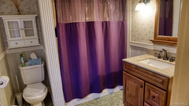 a bathroom with a sink a toilet and shower curtain