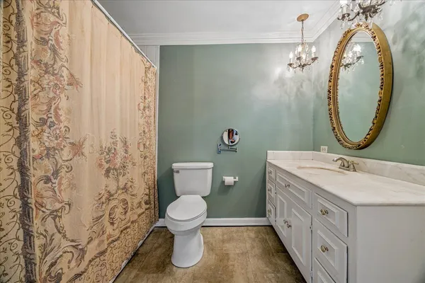 a bathroom with a granite countertop toilet sink and mirror