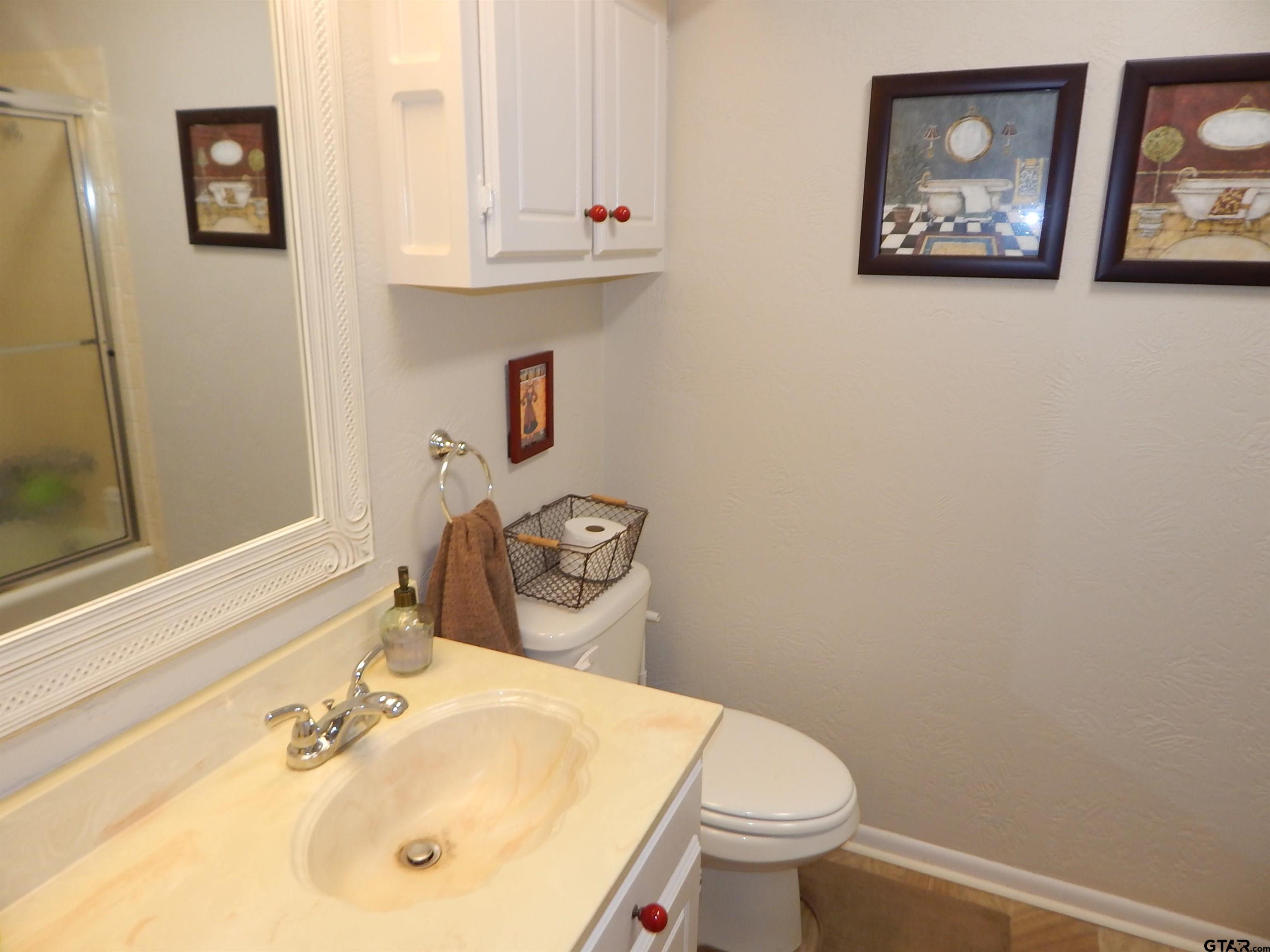 3035 Arrowwood Road Gilmer, TX 75644 - Photo 17 of 32 a bathroom with a toilet sink and mirror