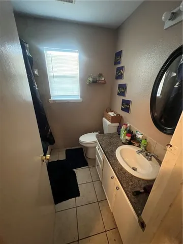 a bathroom with a double vanity sink mirror and toilet