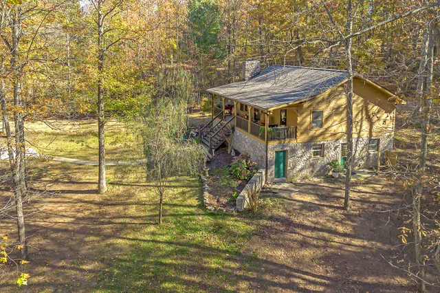 a view of a yard with a house and a large tree