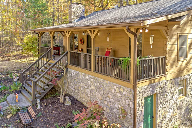 a roof deck with tall trees