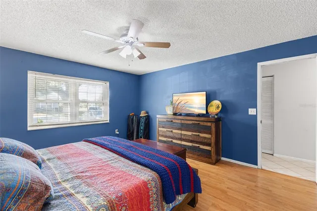 a bedroom with a bed and a tv on the dresser