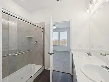 a bathroom with a sink and a mirror