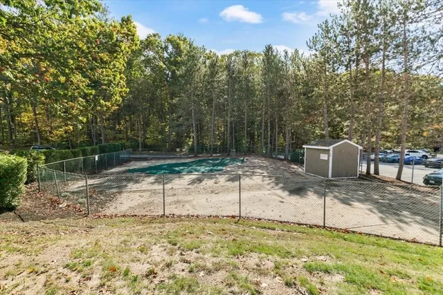 a view of a water fountain with large trees