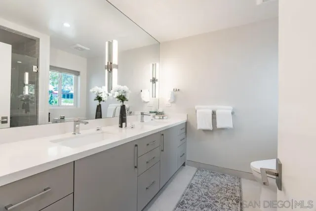 a bathroom with a double vanity sink toilet and a mirror