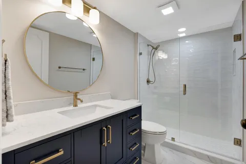 a view of a room with a large window