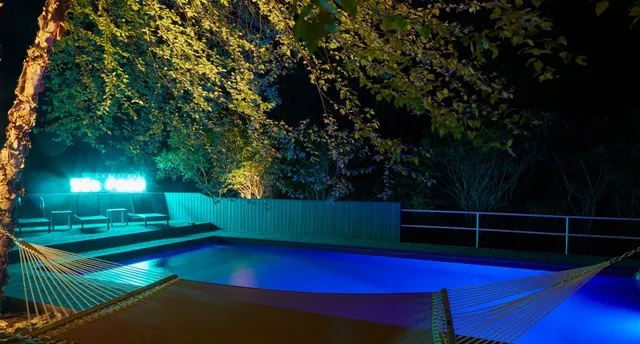 a view of a tennis ground with large trees