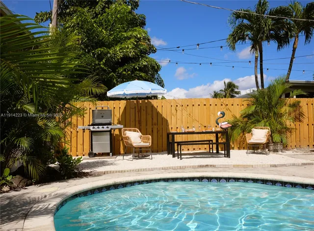 a view of a swimming pool with a yard and plants