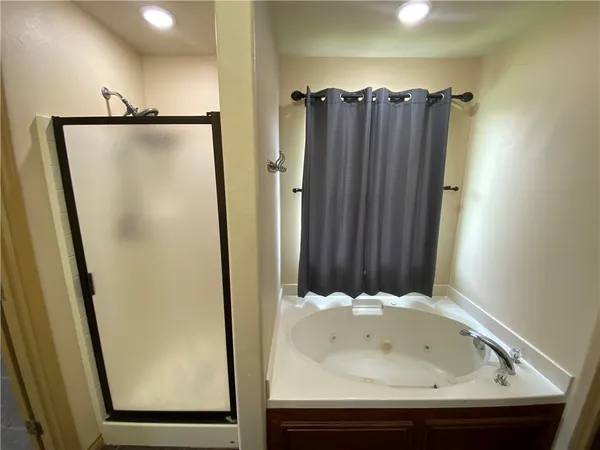 a bathroom with a shower and a sink