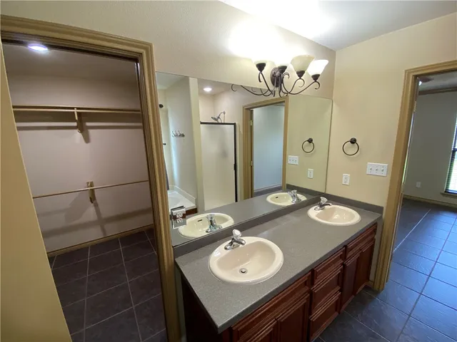 a bathroom with a double vanity sink a mirror and a shower