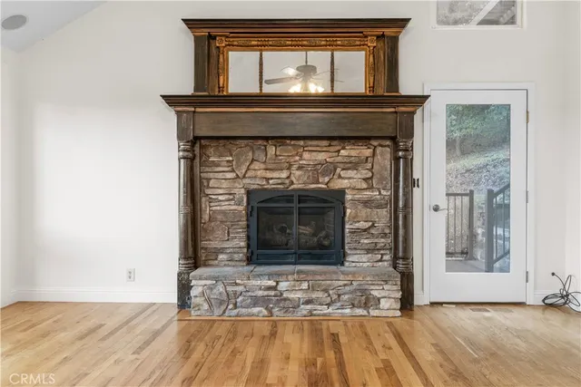 a living room with a fireplace