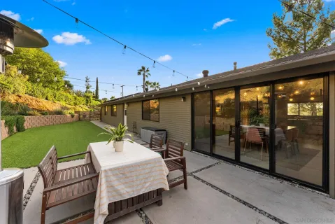a view of a patio with a table and chairs