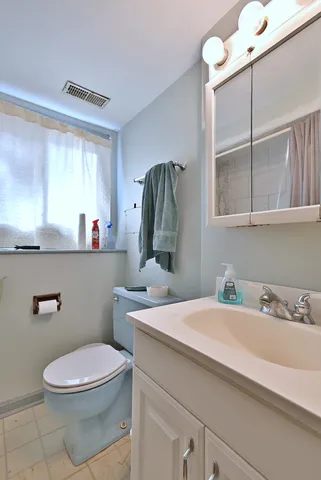 a bathroom with a sink a toilet and mirror