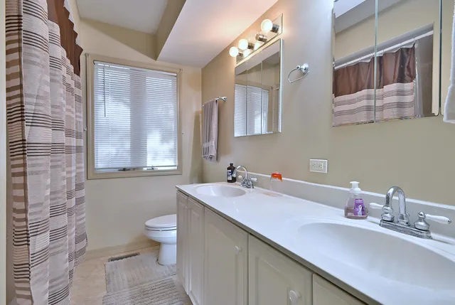 a bathroom with a sink double vanity and a toilet