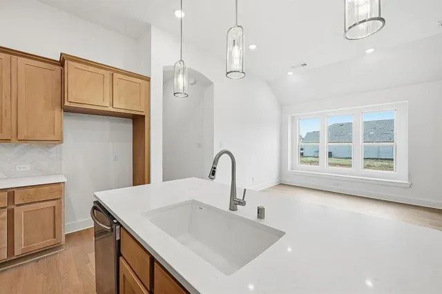 a kitchen with a sink a counter space and appliances