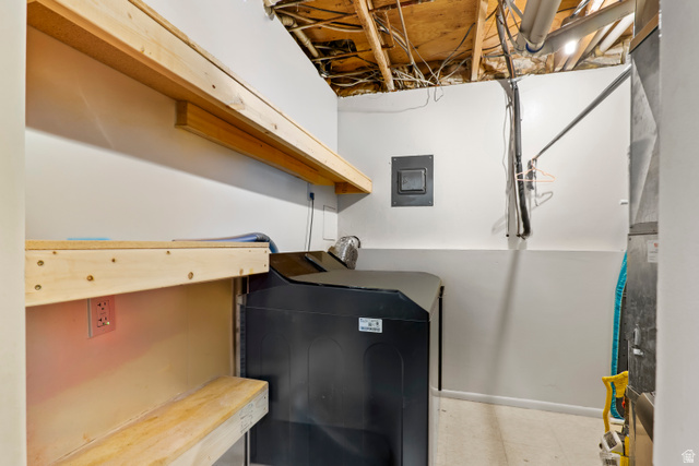 2327 880 North Provo, UT 84601 - Photo 14 of 15 Utility area featuring a water heater, visible overhead joists, and exposed electrical conduits