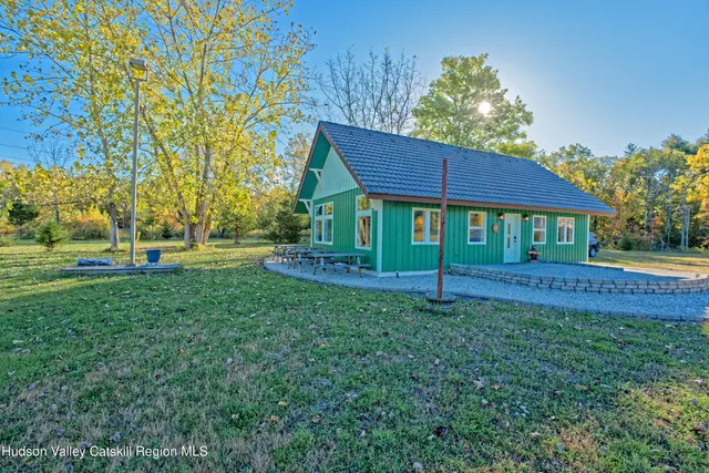 a view of a garden with a houses