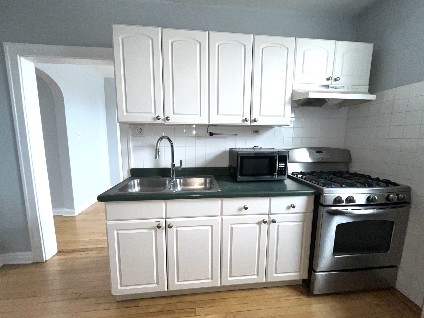 5852 West Higgins Avenue, Unit 3B Chicago, IL 60630 - Photo 5 of 9 a kitchen with granite countertop white cabinets and stainless steel appliances