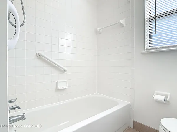 a bathroom with a bathtub and a toilet