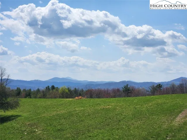 a view of a lush green field with mountains in the background