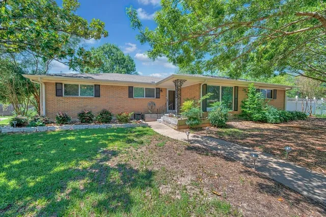 a view of a yard in front of a house with plants and large trees