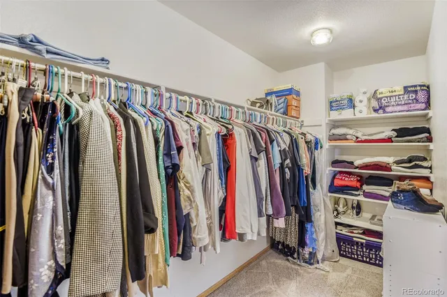 a view of walk in closet with clothes