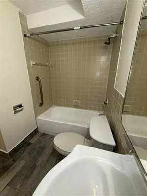 a bathroom with a tub shower and toilet
