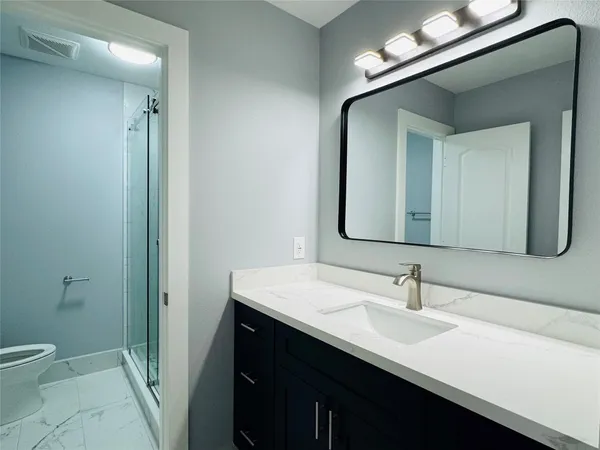 a bathroom with a sink a toilet and mirror