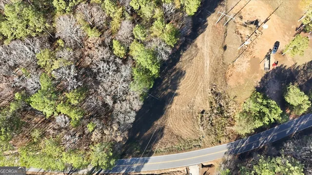 a view of a yard with large trees