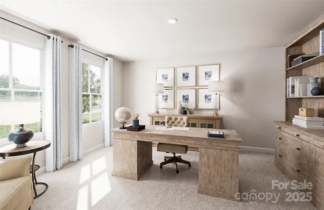 a workspace with furniture and window