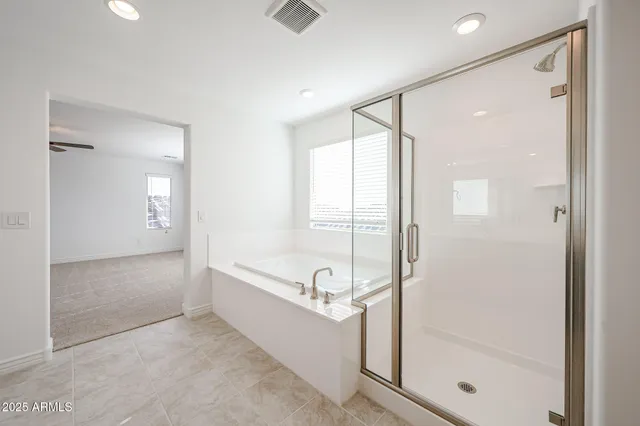 a bathroom with a bathtub and a shower