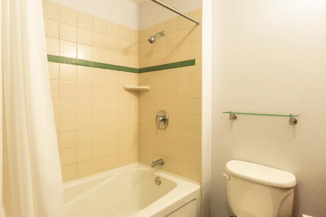 a bathroom with a bathtub and a toilet