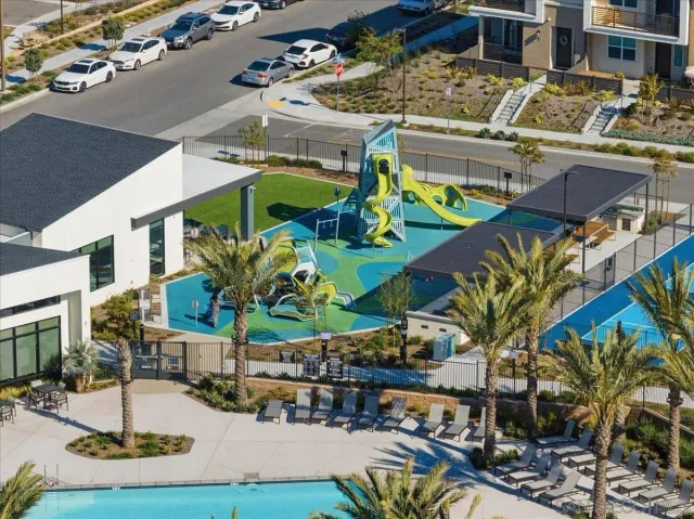 a view of a building with outdoor seating