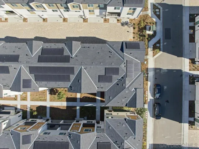an aerial view of a building with outdoor space