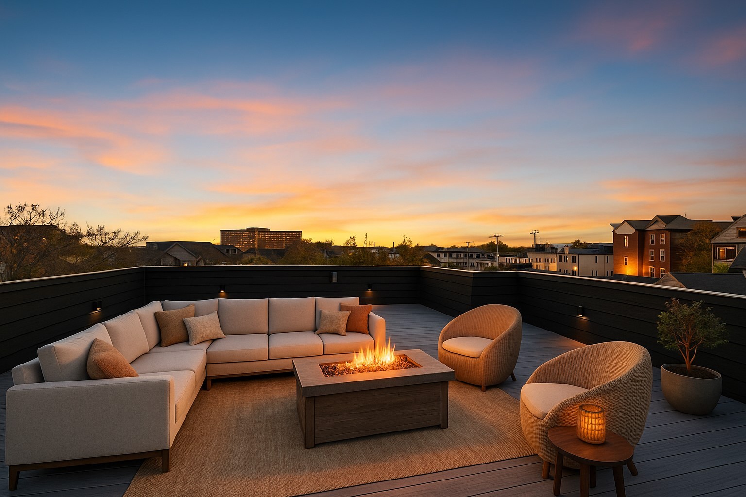 an outdoor living room with furniture